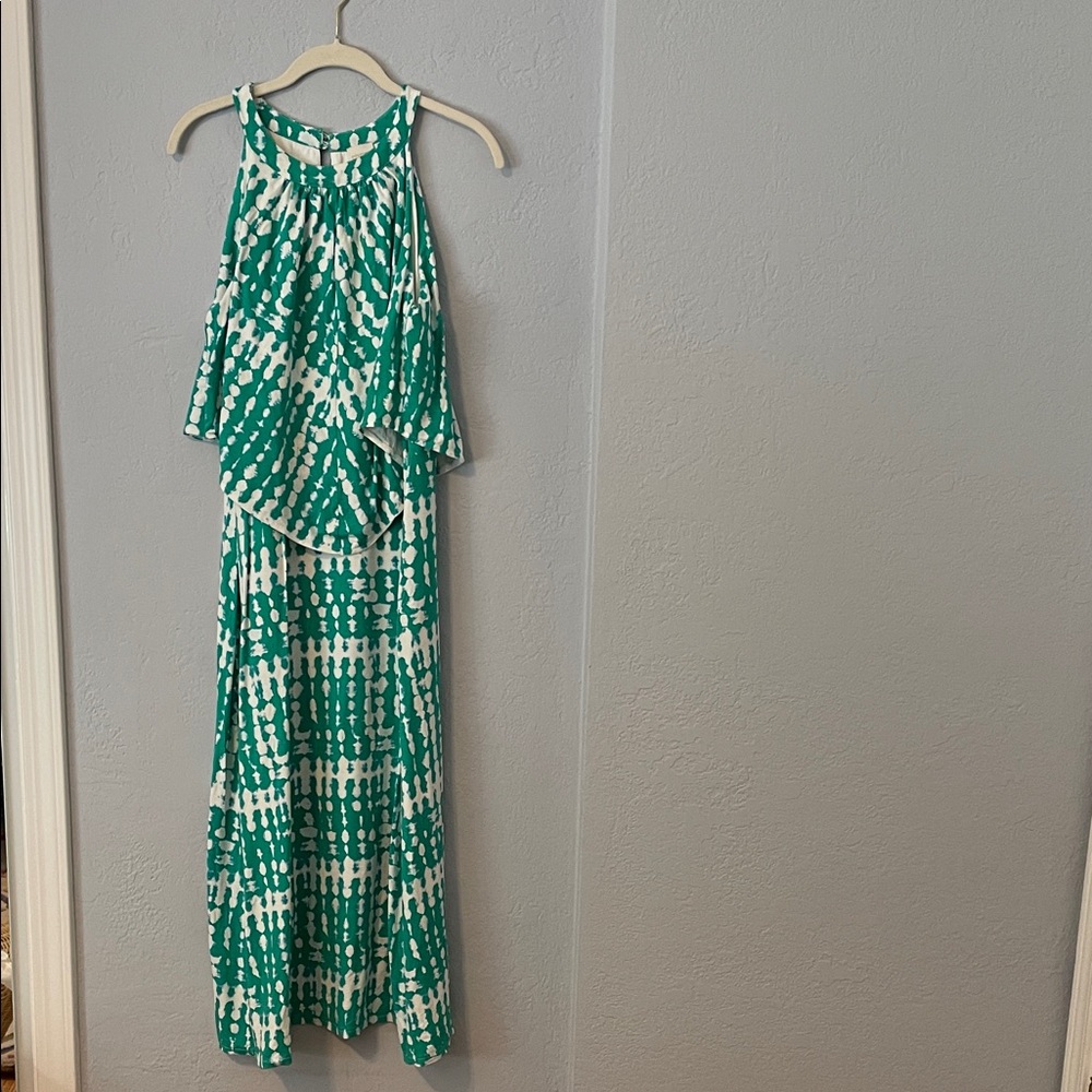 Chico's Green and White Printed Halter Maxi Dress with Layered Bodice